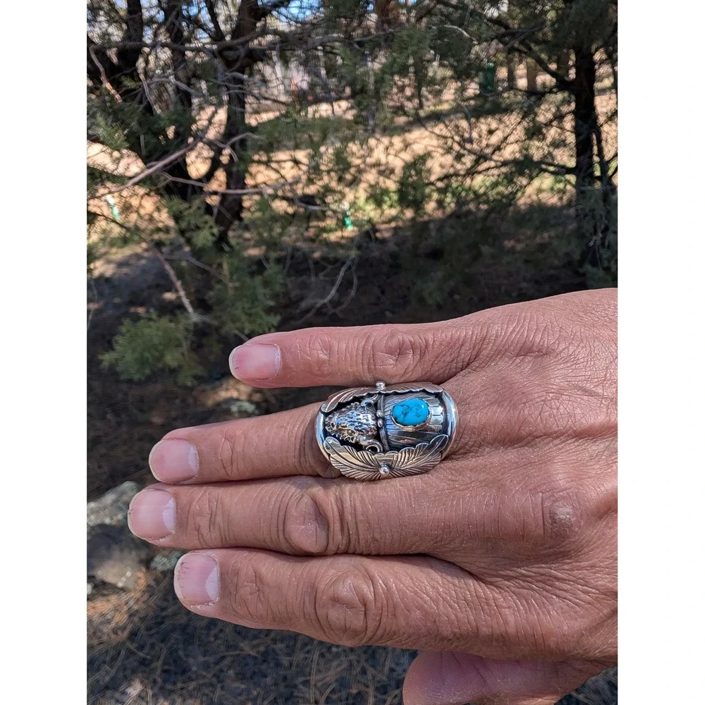 Navajo Men's Buffalo Ring Sterling Silver Turquoise‎ Signed Junior Begay 12**
